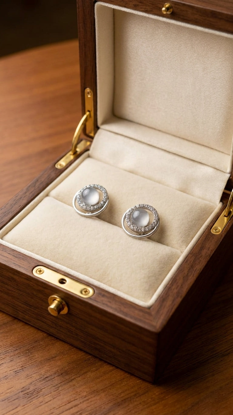 Model wearing silver double halo CZ grey pearl stud earrings with a sleek low bun in a warm luxury jewellery boutique interior – AureliaBlends bridal earrings side profile