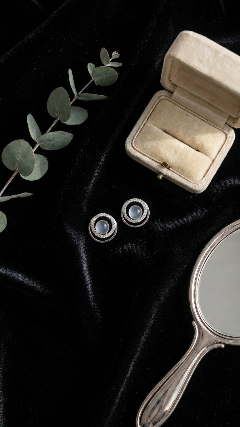 Silver double halo CZ grey pearl stud earrings in an open cream velvet jewellery box with ivory satin bow lid, loose pearls, eucalyptus and a 'For You With Love' gift card on white silk – AureliaBlends gift jewellery