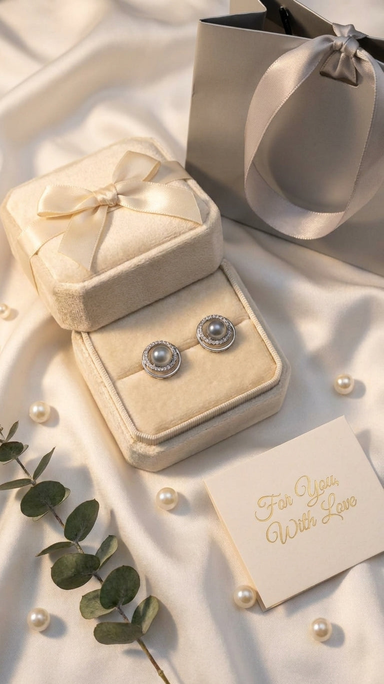 Silver double halo CZ grey pearl stud earrings close-up on white background showing double halo frame, CZ crescent and grey pearl centre detail – AureliaBlends statement stud earrings