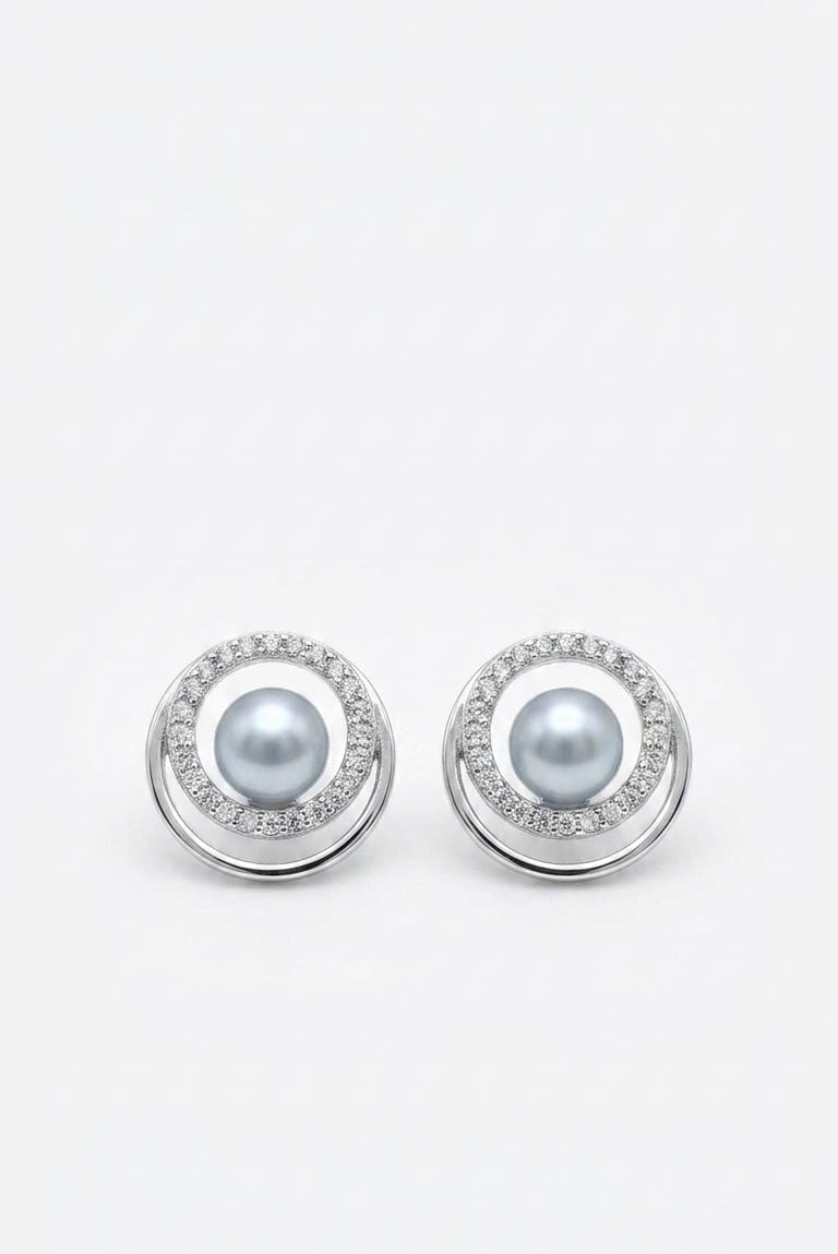 Silver double halo CZ grey pearl stud earrings on white background – AureliaBlends elegant bridal stud earrings product shot