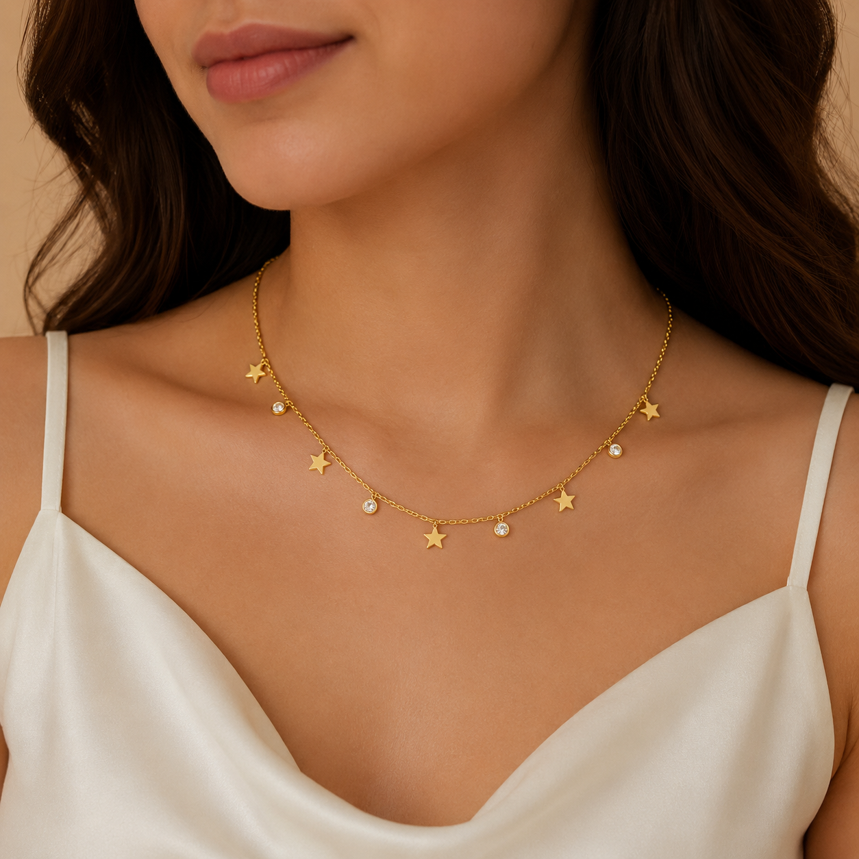 Gold Star & Crystal Charm Dangle Necklace – CZ Star Drop Chain