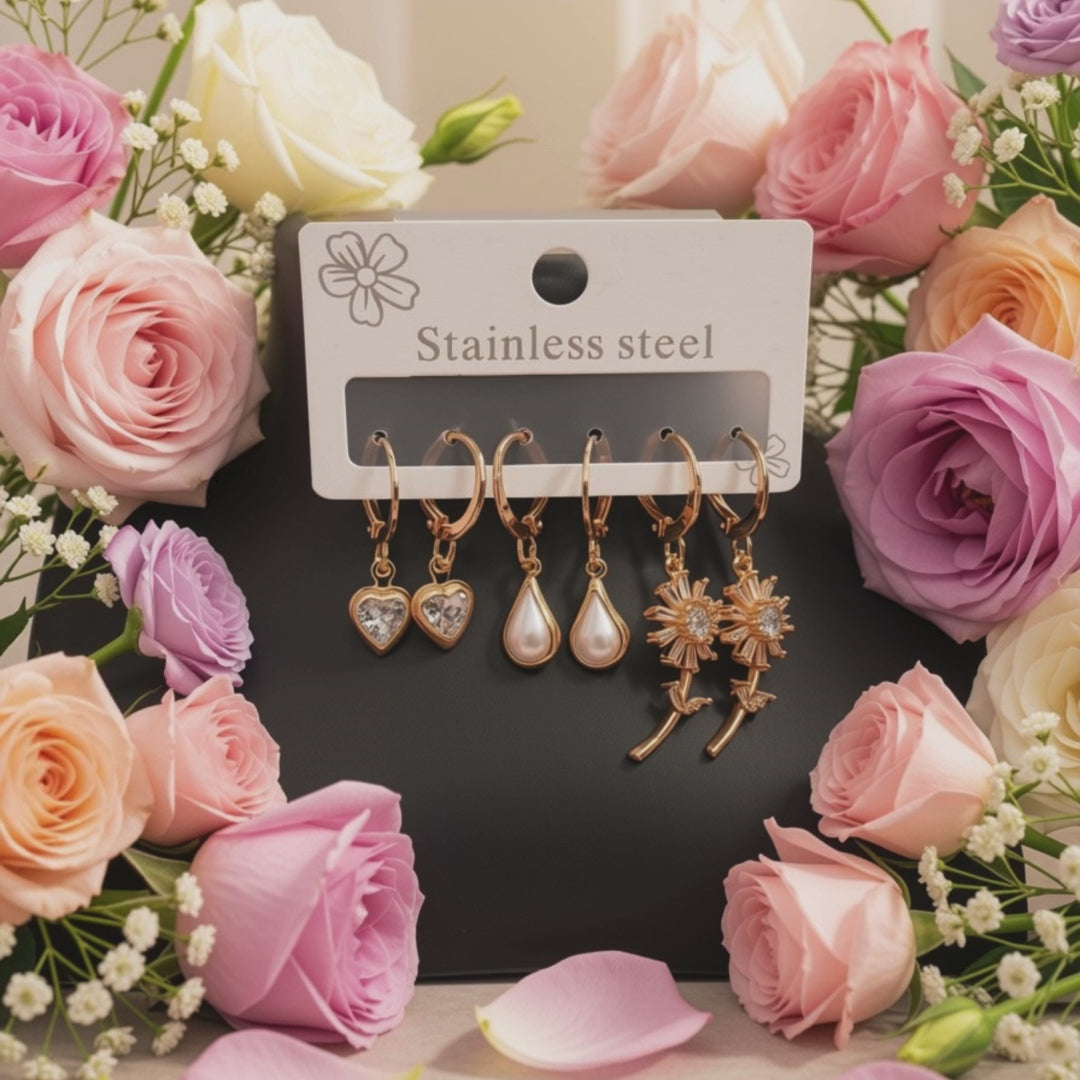 3-Pair Gold-Plated Hoop Earring Set – Heart, Pearl & Floral Drop Earrings for Women