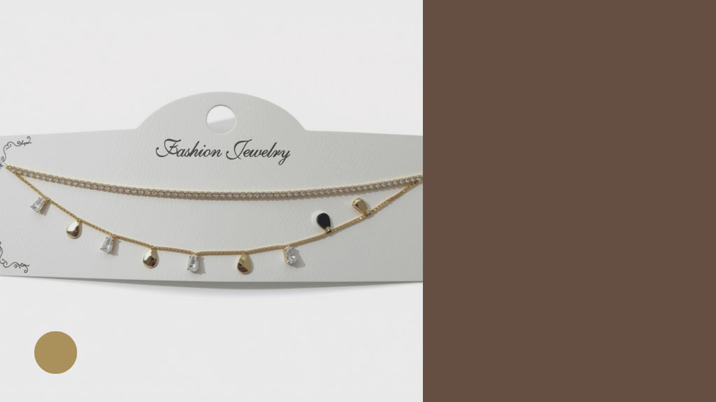 Dazzling Dual-Layer Tennis & Teardrop Charm Necklace – Gold-Tone Statement Chain