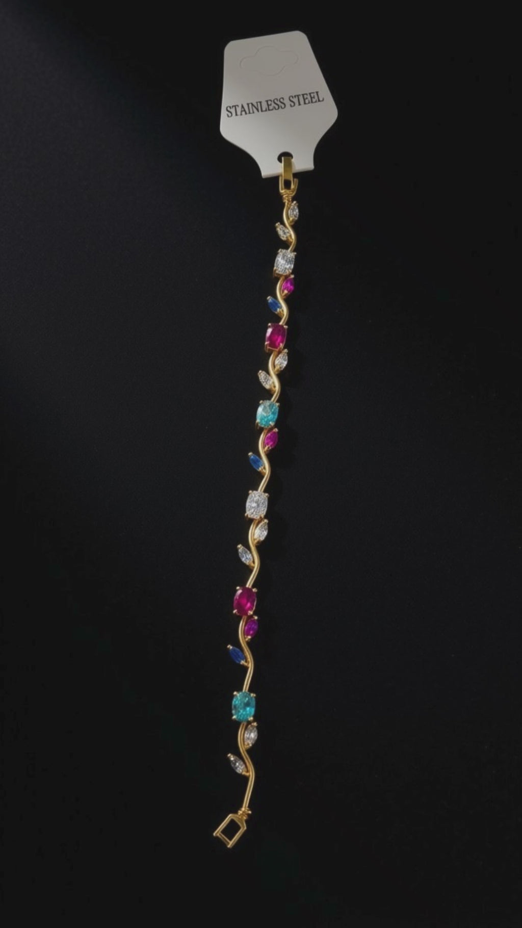 Gold-Plated Vine Bracelet with Multi-Color Gemstones – Elegant Stainless Steel Floral Wristlet