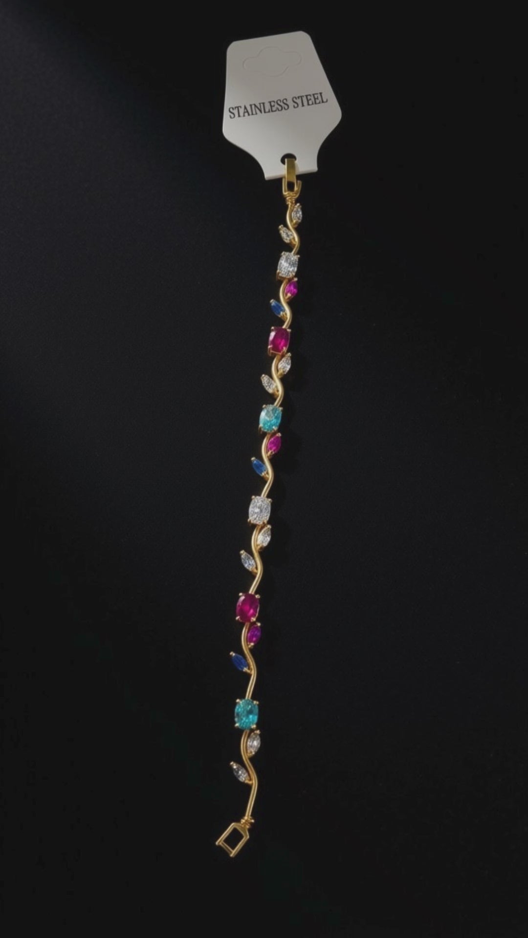 Gold-Plated Vine Bracelet with Multi-Color Gemstones – Elegant Stainless Steel Floral Wristlet